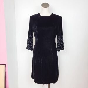 Vintage 1960s Black Velvet Lace Sleeve Shift Dress
